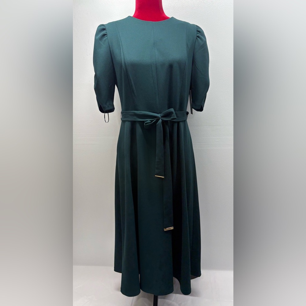 DKNY Dark green Midi puff sleeve Dress with Waist Tie size 10 new